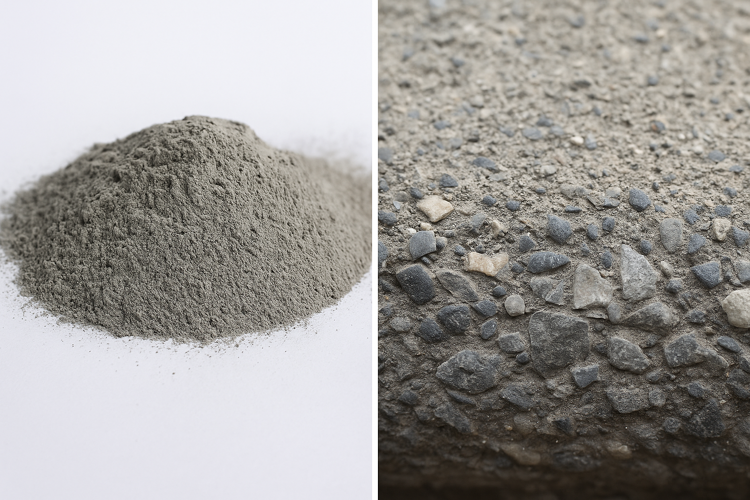 Comparaison visuelle entre le ciment en poudre et le béton durci avec gravier