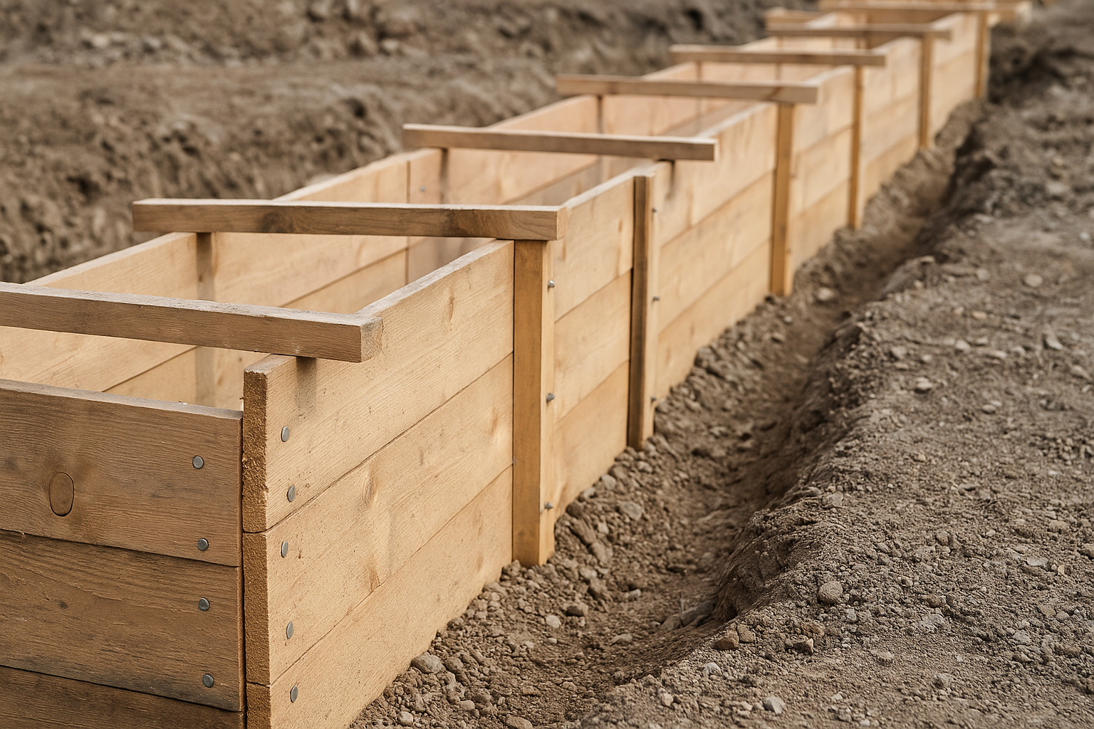 Photo d’un coffrage en bois prêt à recevoir le béton sur un chantier de construction